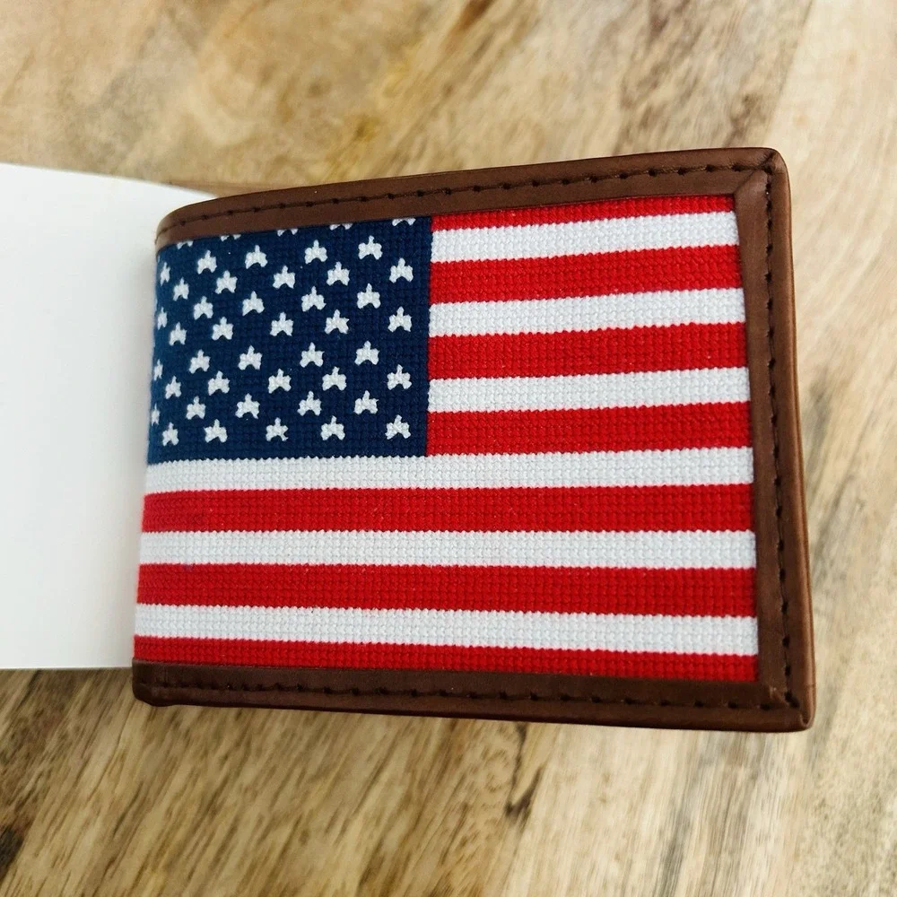 NWT Kraftsman Co. Needlepoint American Flag Wallet | Men's Leather Bi‑Fold